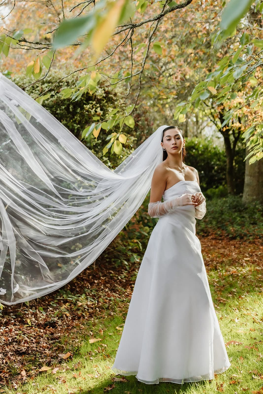 Bride in a white wedding dress with a long veil standing in a natural setting with trees and leaves.