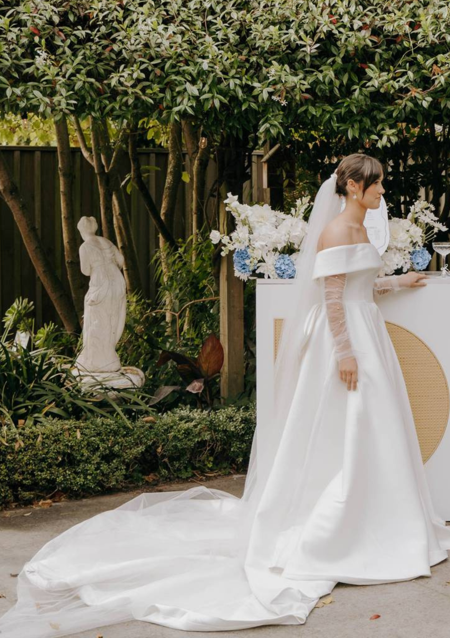 3m bridal veil worn with simple white wedding dress, NZ bride