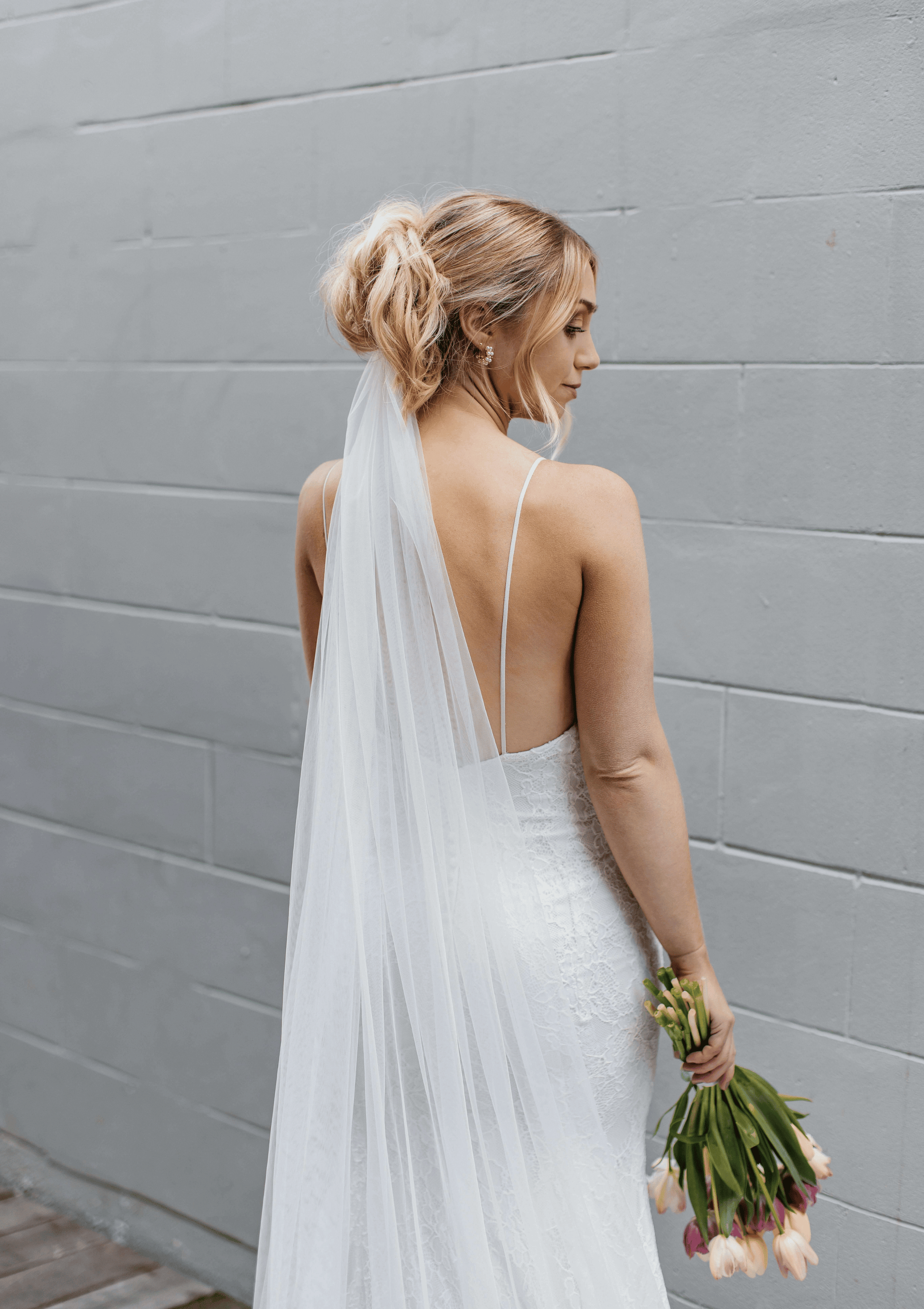 Classic floaty 3m cathedral veil with bridal updo, backless wedding dress, plain drop veil NZ